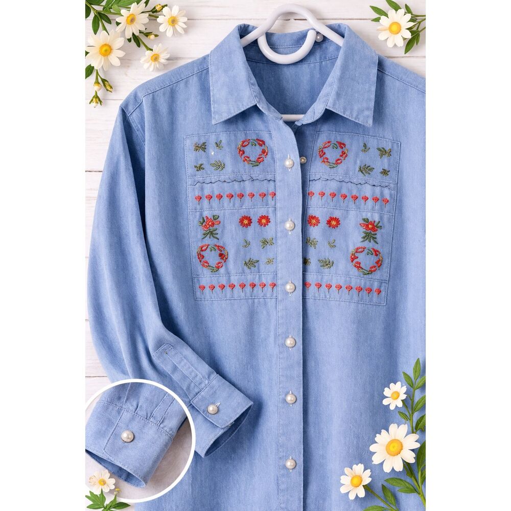 FREE W Bundle of 2 + Chambray Embroidered Shirt Floral Western Cottagecore S